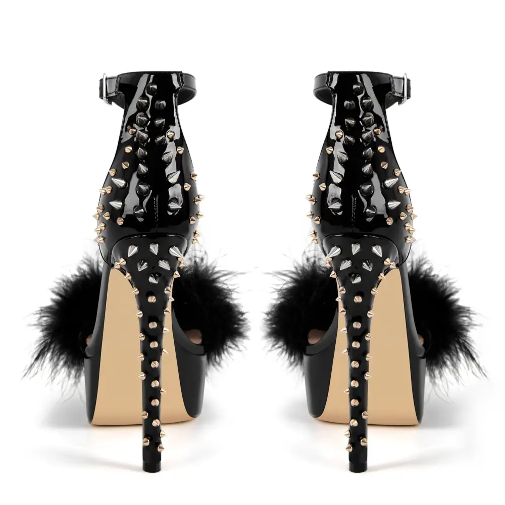 Fur Platform Rivet Ankle Strap Stiletto Sandals