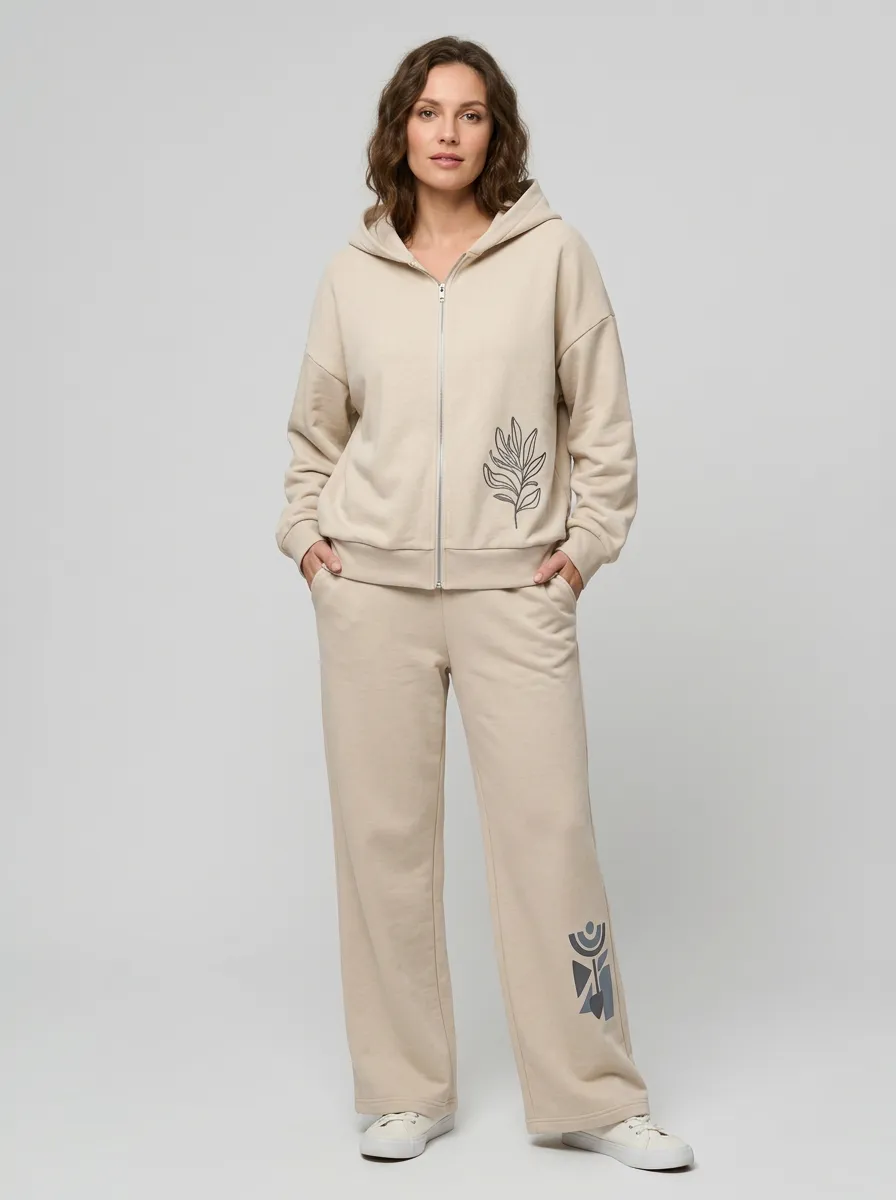 Women's Beige Botanical Graphic Zip-Up Hoodie Jacket & Wide-Leg Pants Set
