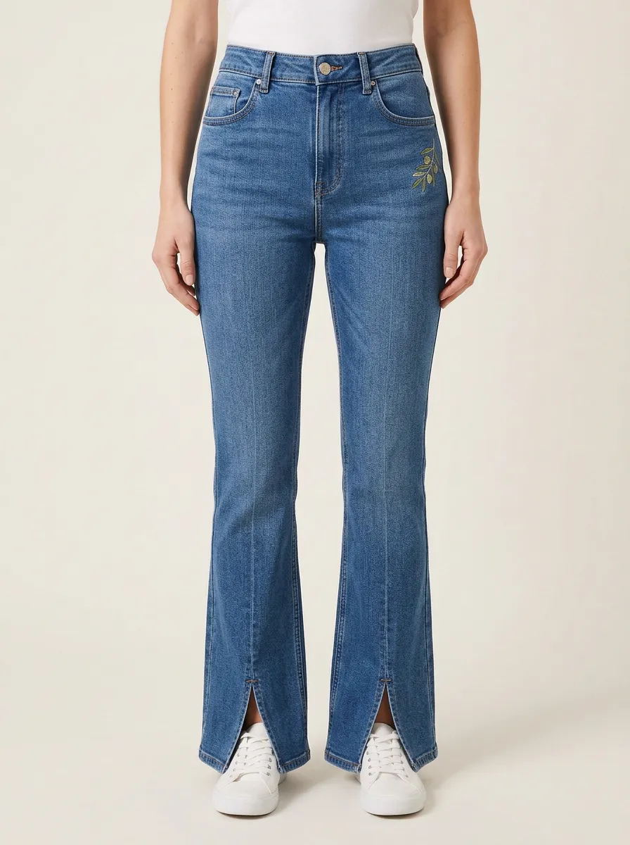 Women's Botanical Branch Embroidered Front-Seam Split-Hem Flare Jeans