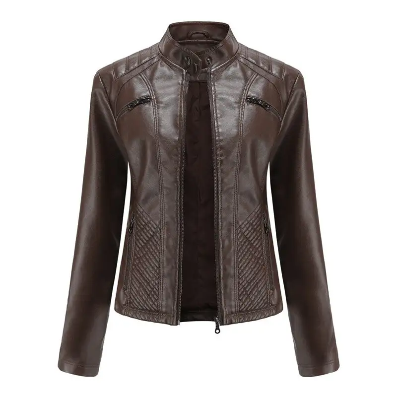 Relaxed Stand-Collar Faux-Leather Leather Casual Outerwear Jacket