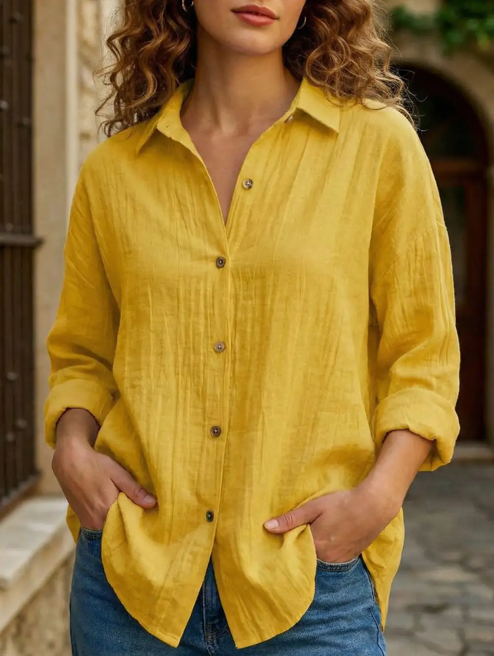 Button Detail Pleated Button-Up Shirt