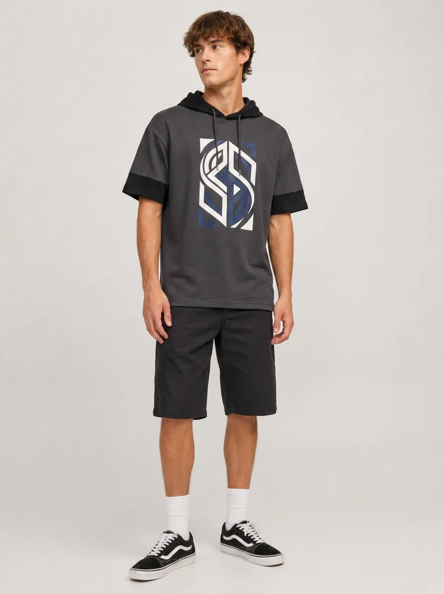 Men's Geometric Logo Graphic Printed Hooded T-shirt