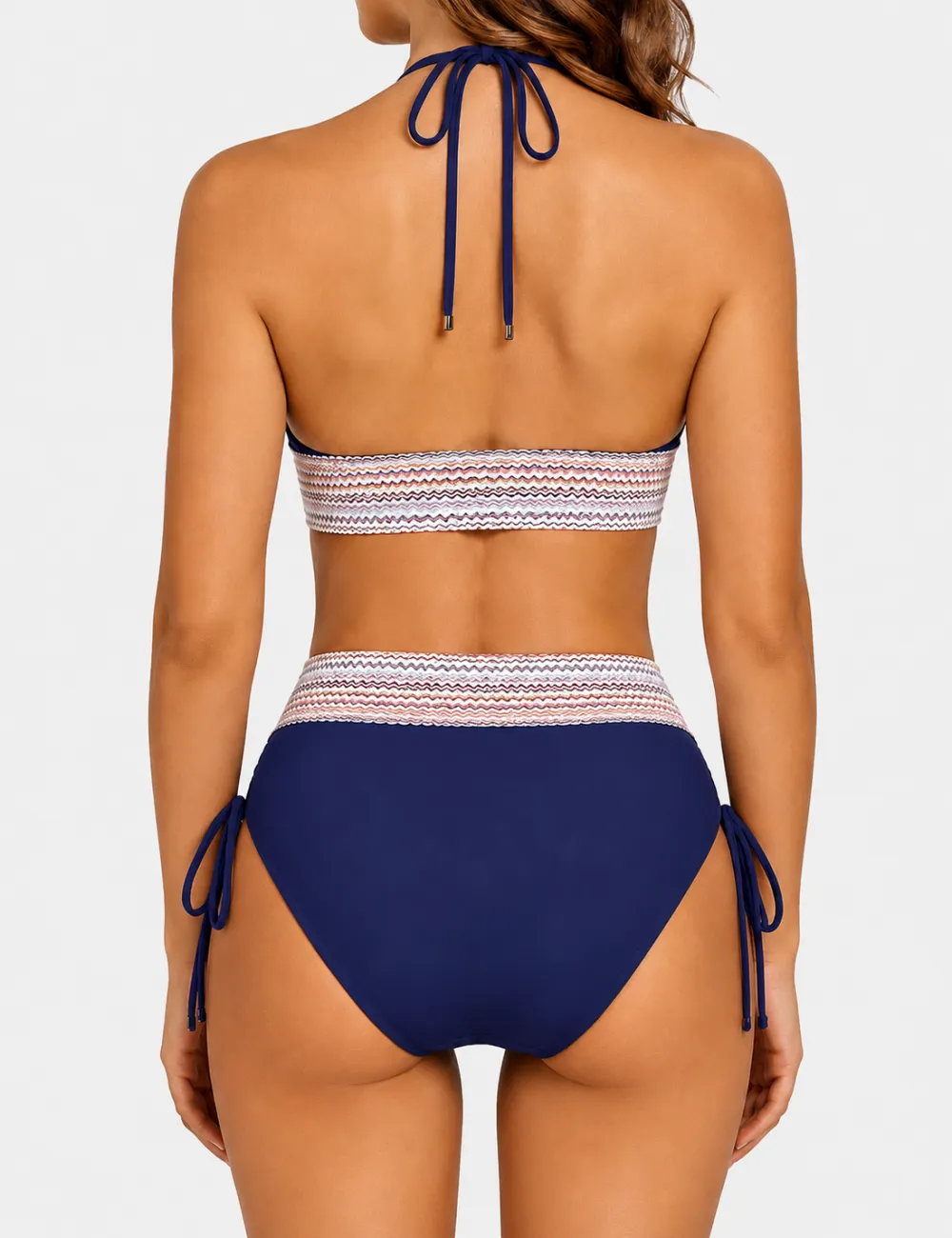 Deep V Neck Colorful Zigzag Smocked Trim Bikini Set