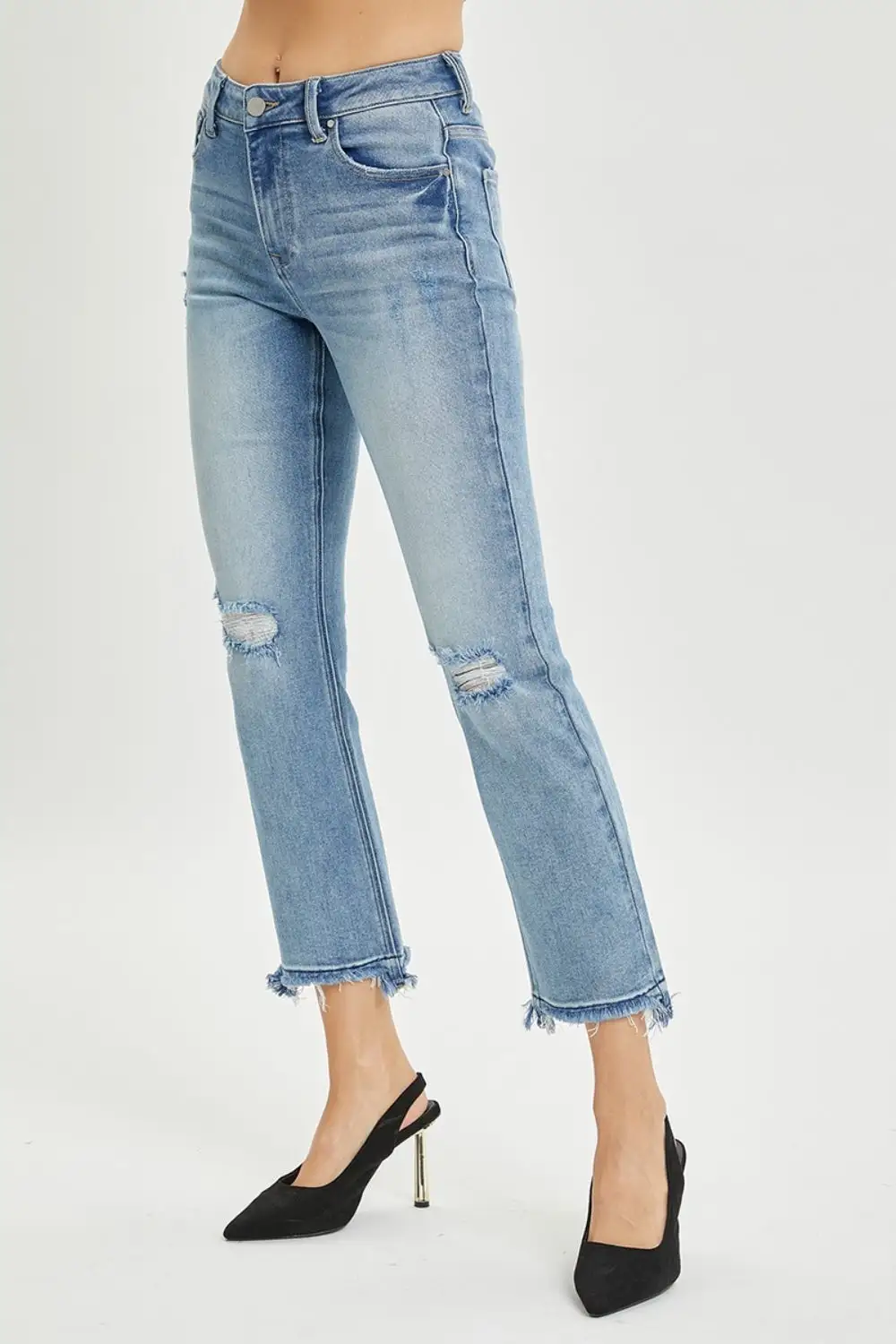 Clean High Waist Straight Leg Distressed Denim Jeans