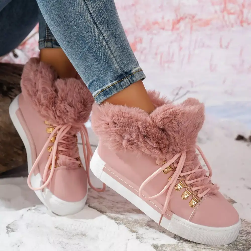 Refined Fuzzy Trim Lace-Up Ankle Boots