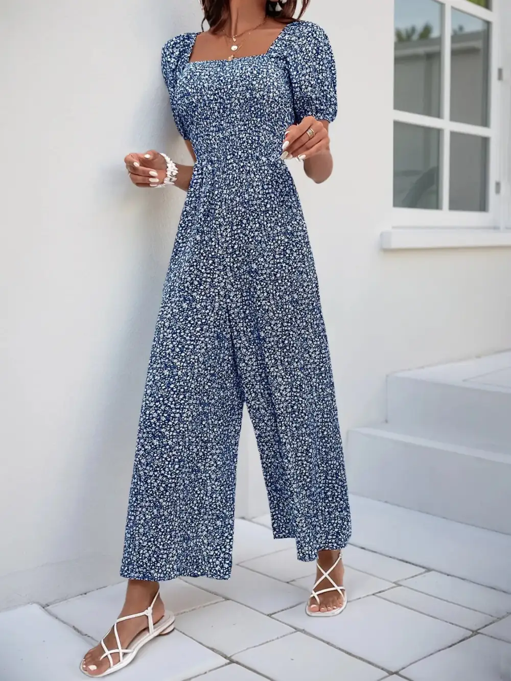 Printed Square Neck Puff Sleeve Everyday Jumpsuit