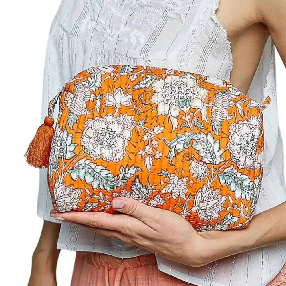 Orange Floral Quilted Pouch