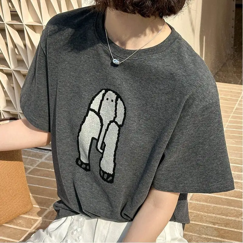 Minimal Loose Elephant Print Short Sleeve T-Shirt