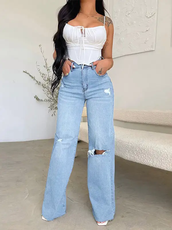 High-Waist Wide-Leg Ripped Pocketed Straight Leg Jeans