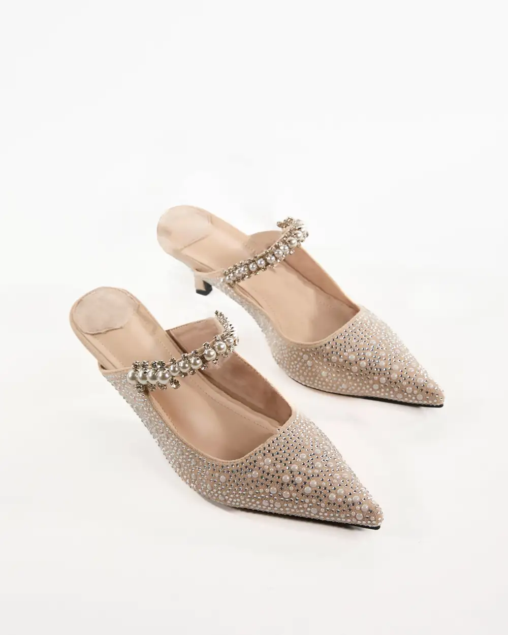 Rhinestone Strap Pearl Embellished Mules in Beige