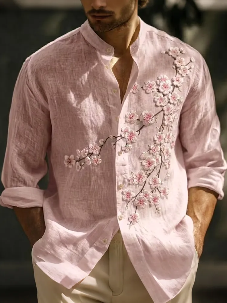 Men's Japanese Sakura Art Print Long Sleeve Shirt