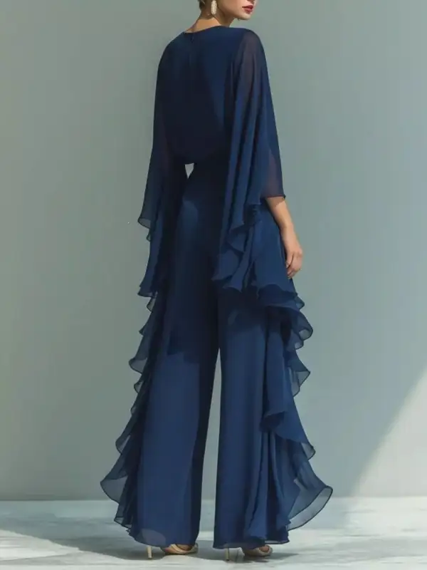 Ruffled Chiffon Long Sleeve Top and Pants Set