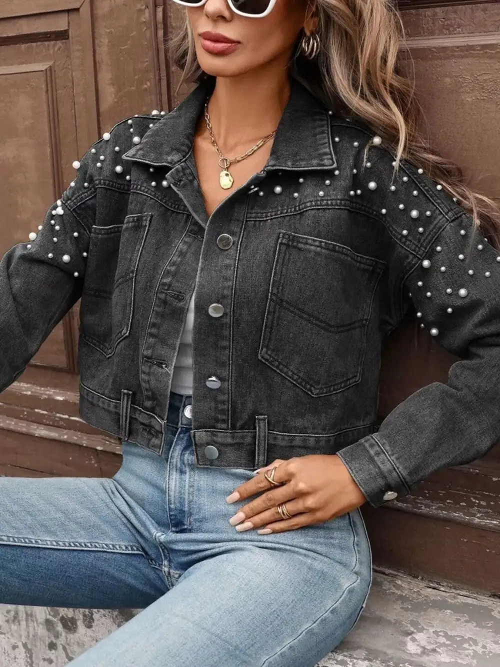 Pearl Embellished Cropped Jacket
