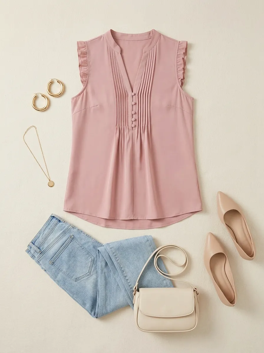 Pleated Button Front Ruffle Sleeveless Blouse