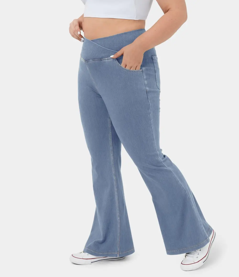 Magic High Waisted Crossover Pocket Cool Touch Breathable Washed Stretchy Knit Plus Size Casual Super Flare Jeans