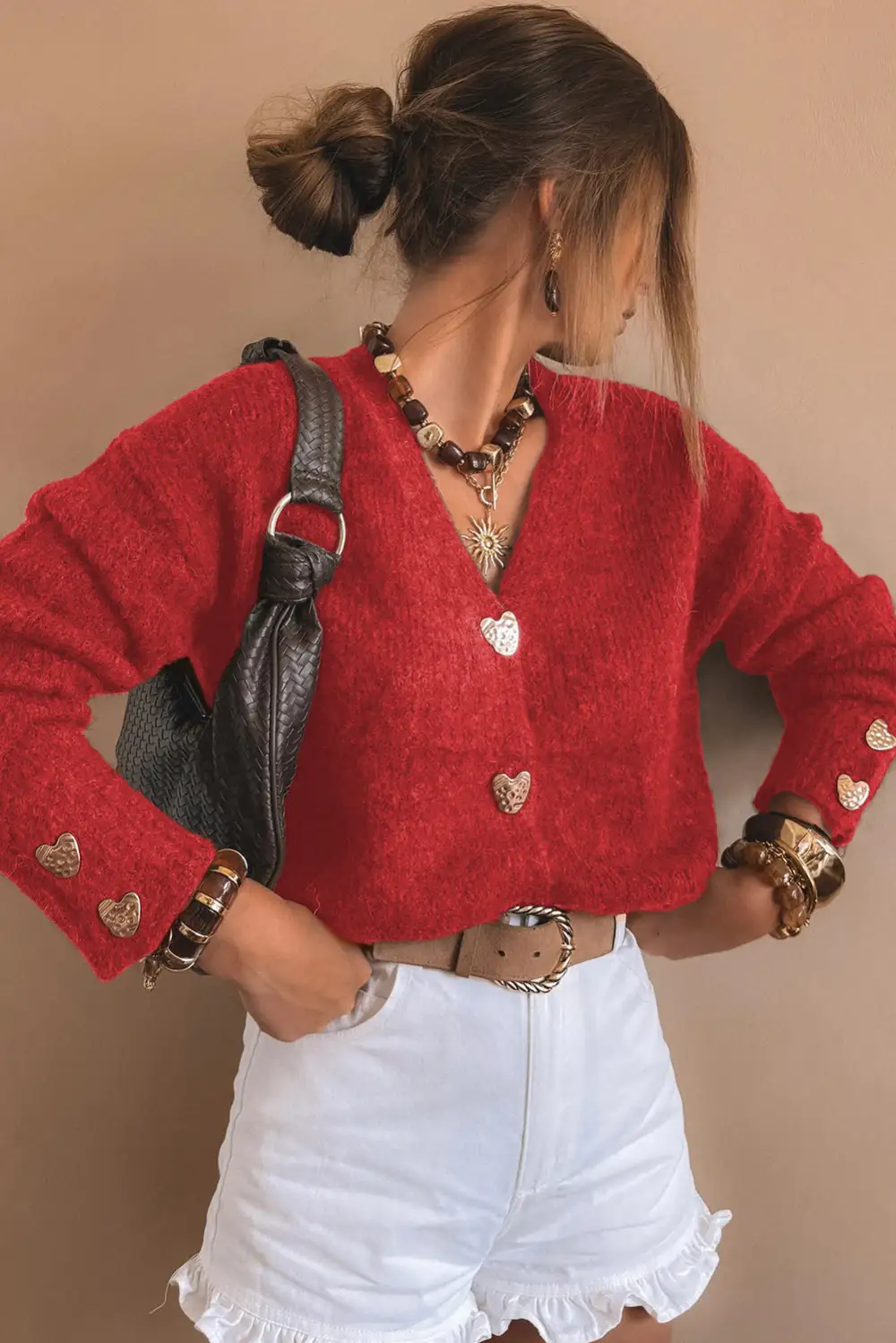 Heart Metal Button V Neck Cardigan