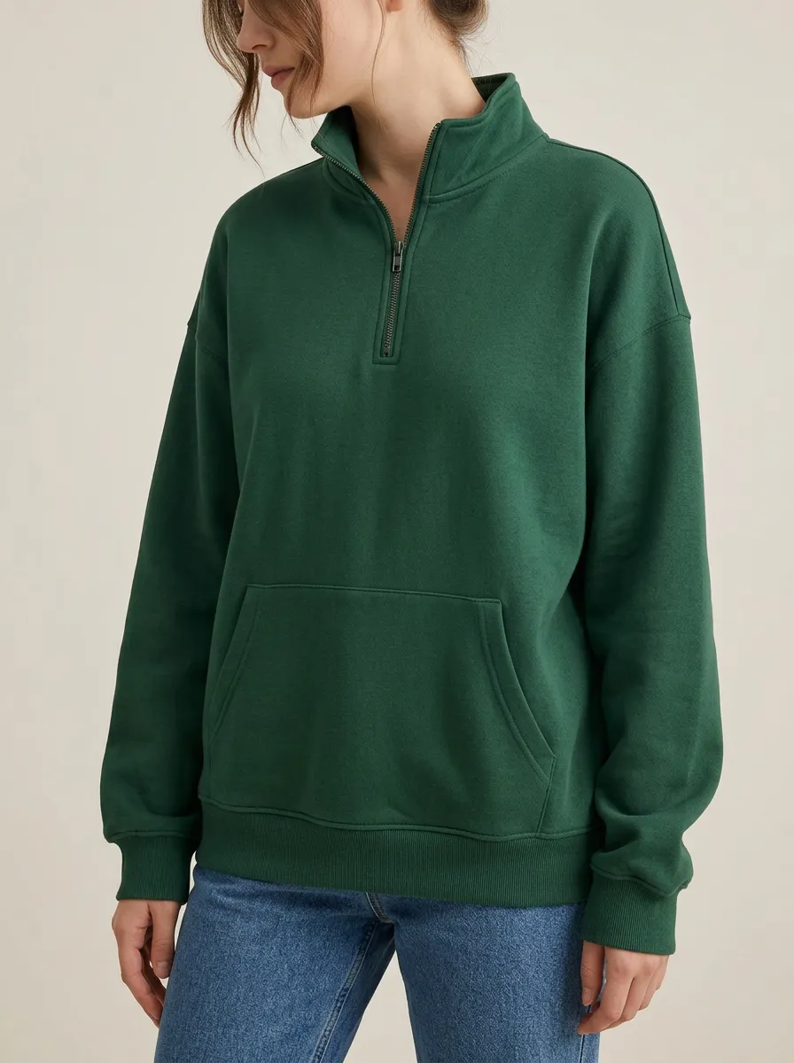 Women's Casual Minimalist Forest Green Quarter Zip Hoodie