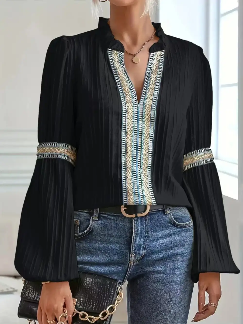 Refined Notched-Neck Balloon-Sleeve Blouse