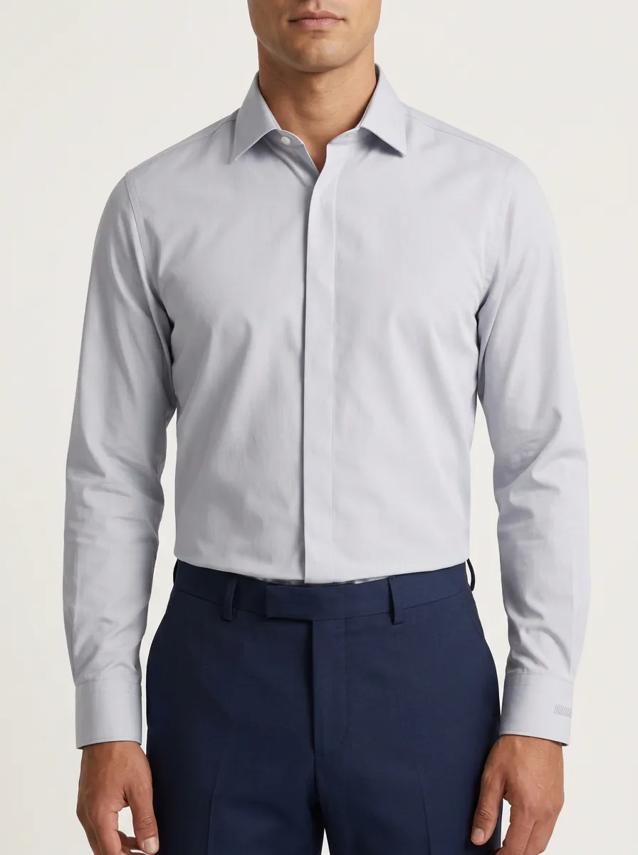 Men's Non-Iron Cotton Solid Light Grey Long Sleeve Dress Shirt