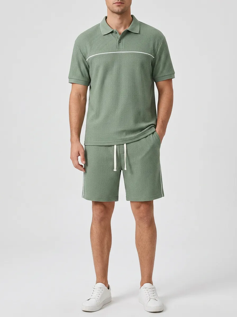 Men's Casual Sage Green Waffle Knit Striped Polo Shirt