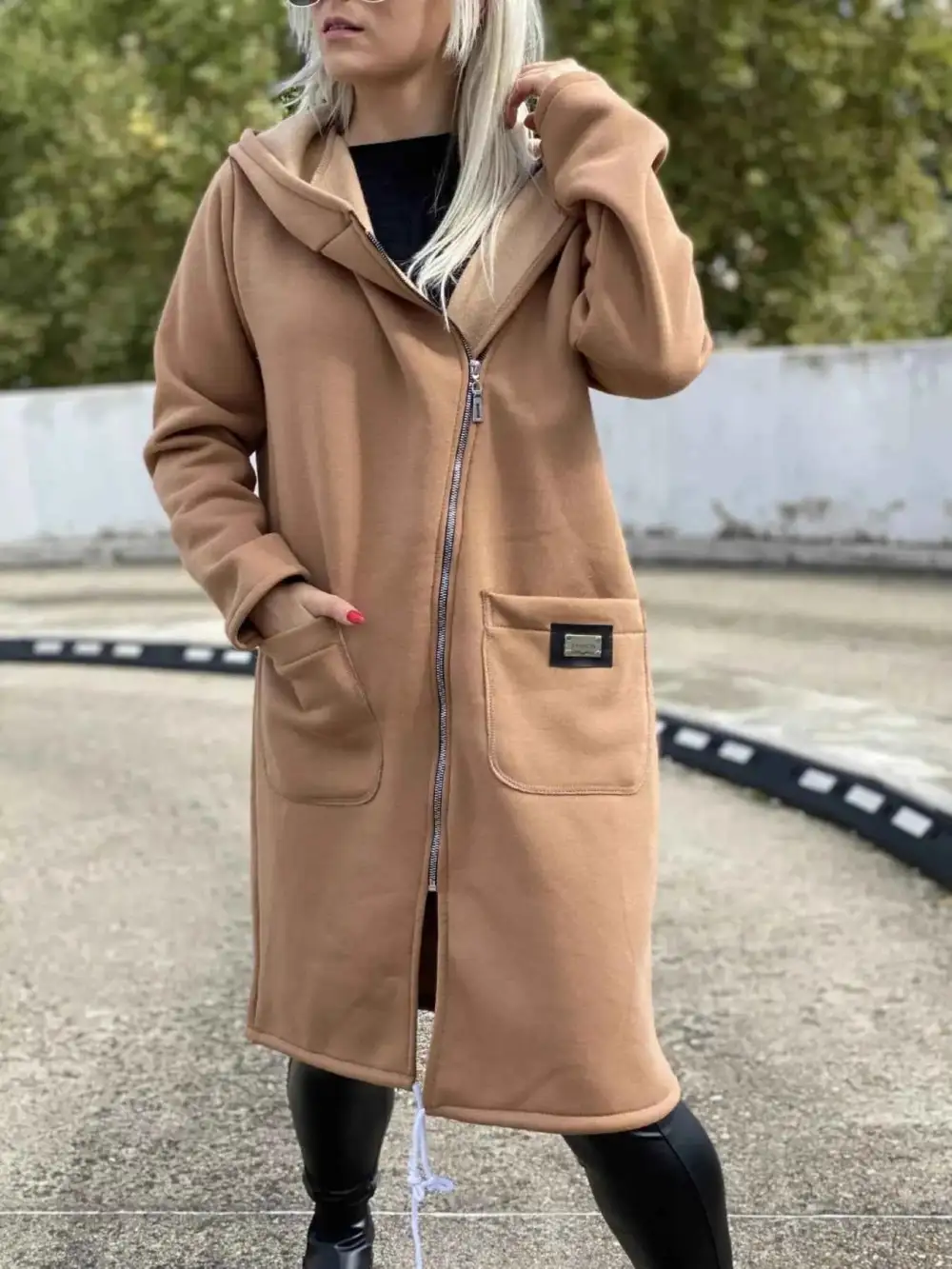 Plus Size Asymmetrical Zip-Up Hooded Fleece Outerwear
