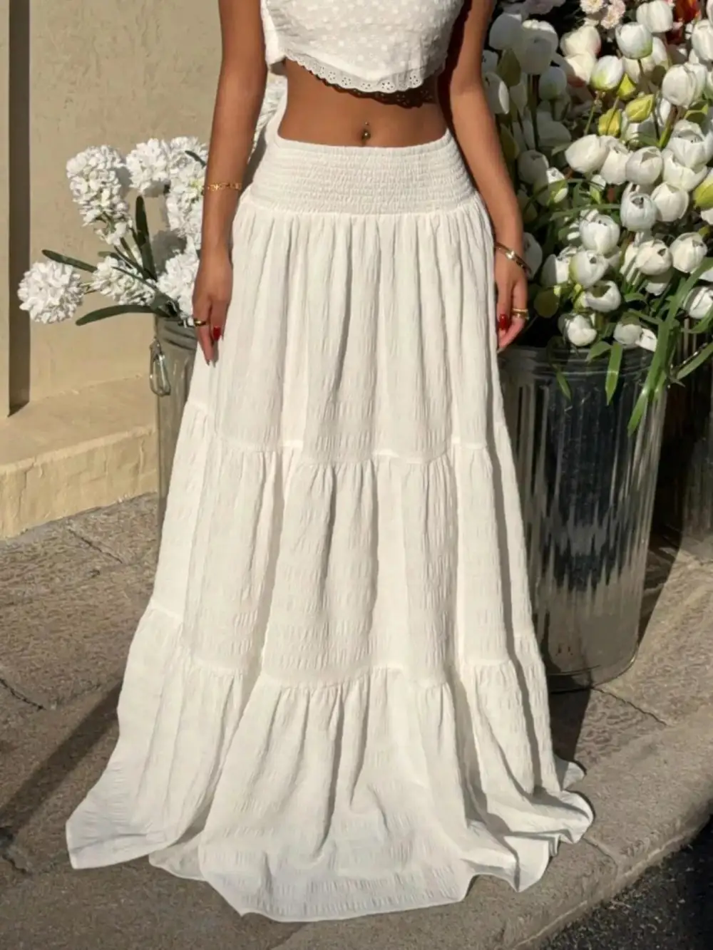 Smocked Tiered Flowy Maxi Skirt