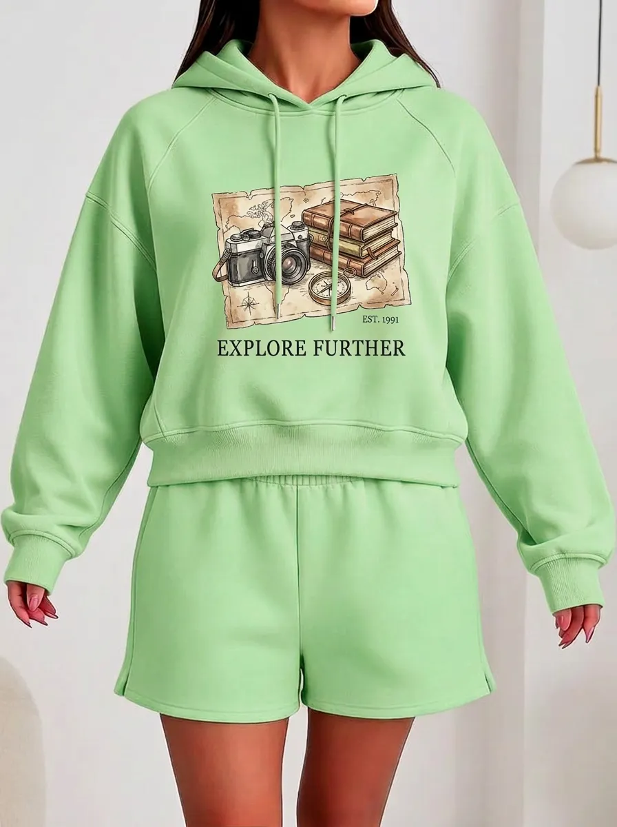 Women's Travel-Inspired Map Camera Books Printed Hoodie