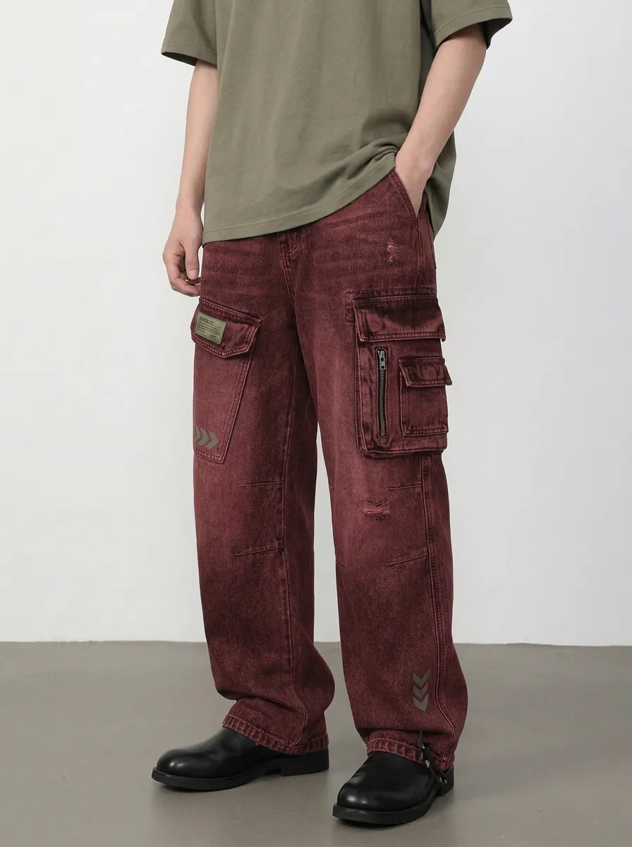 Men's Vintage Washed Distressed Multi-Pocket Graphic Cargo Pants
