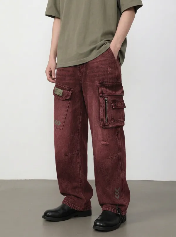 Men's Vintage Washed Distressed Multi-Pocket Graphic Cargo Pants