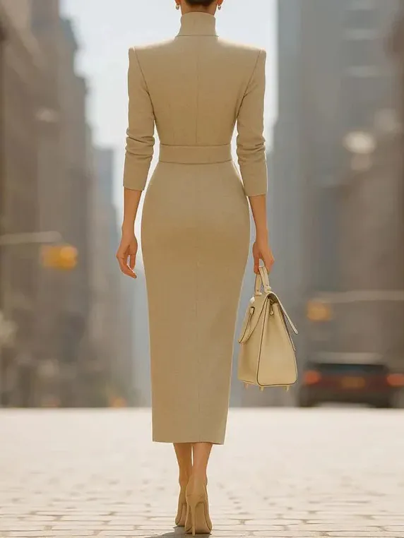 Elegant Suit Style Slit Fitted Midi Dress