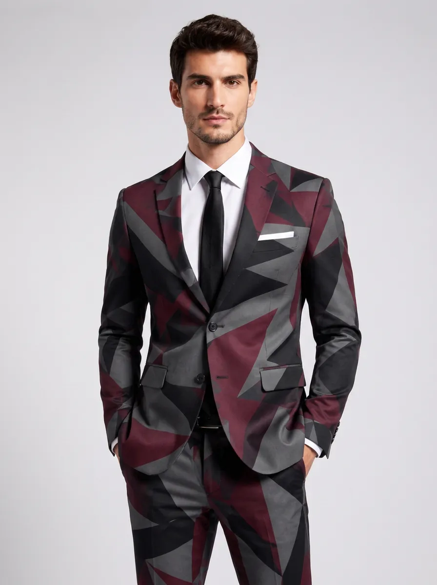Men's Geometric Pattern Burgundy Black Printed Blazer Jacket