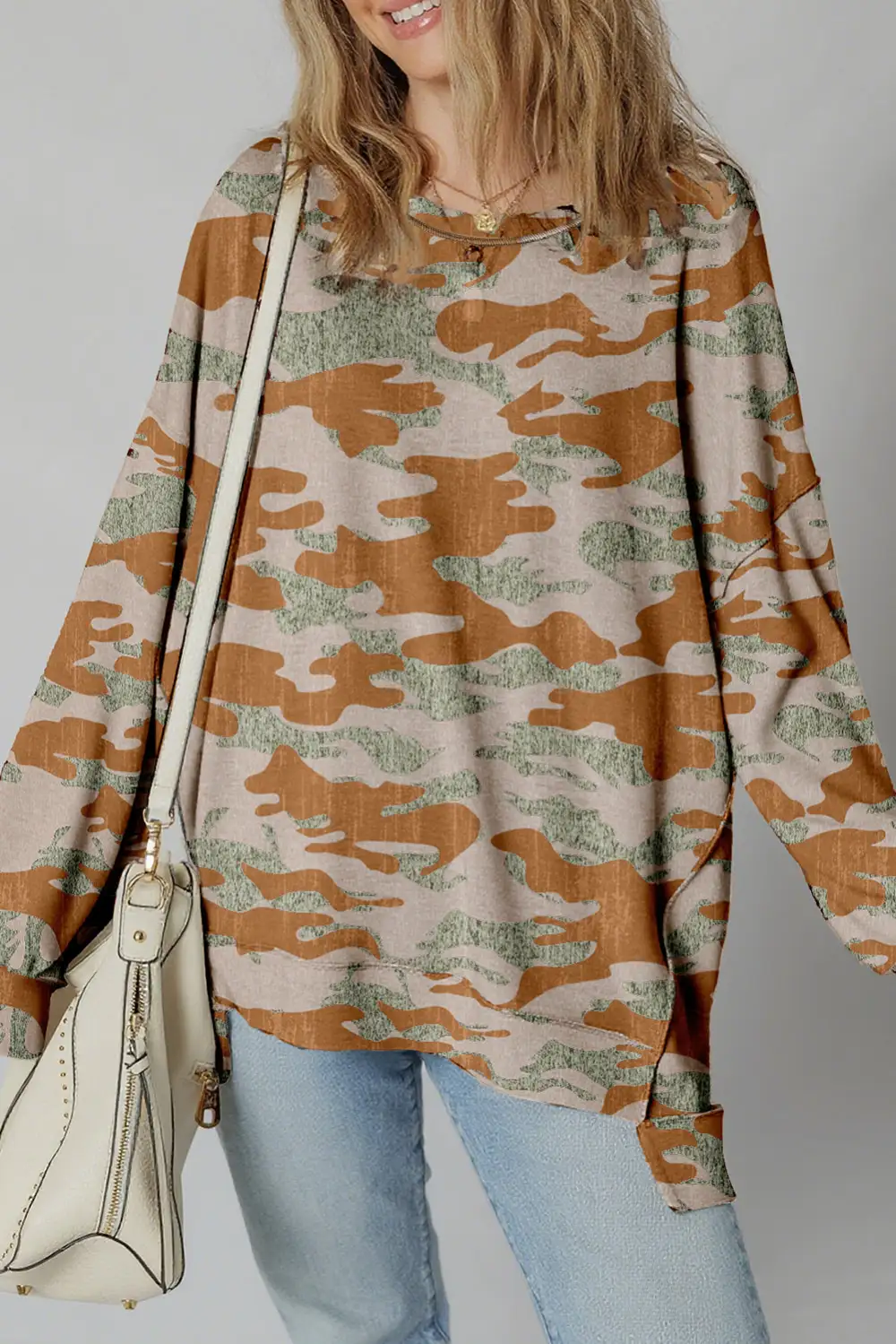 Everyday Camo Print Patchwork Exposed Seam Sweatshirt