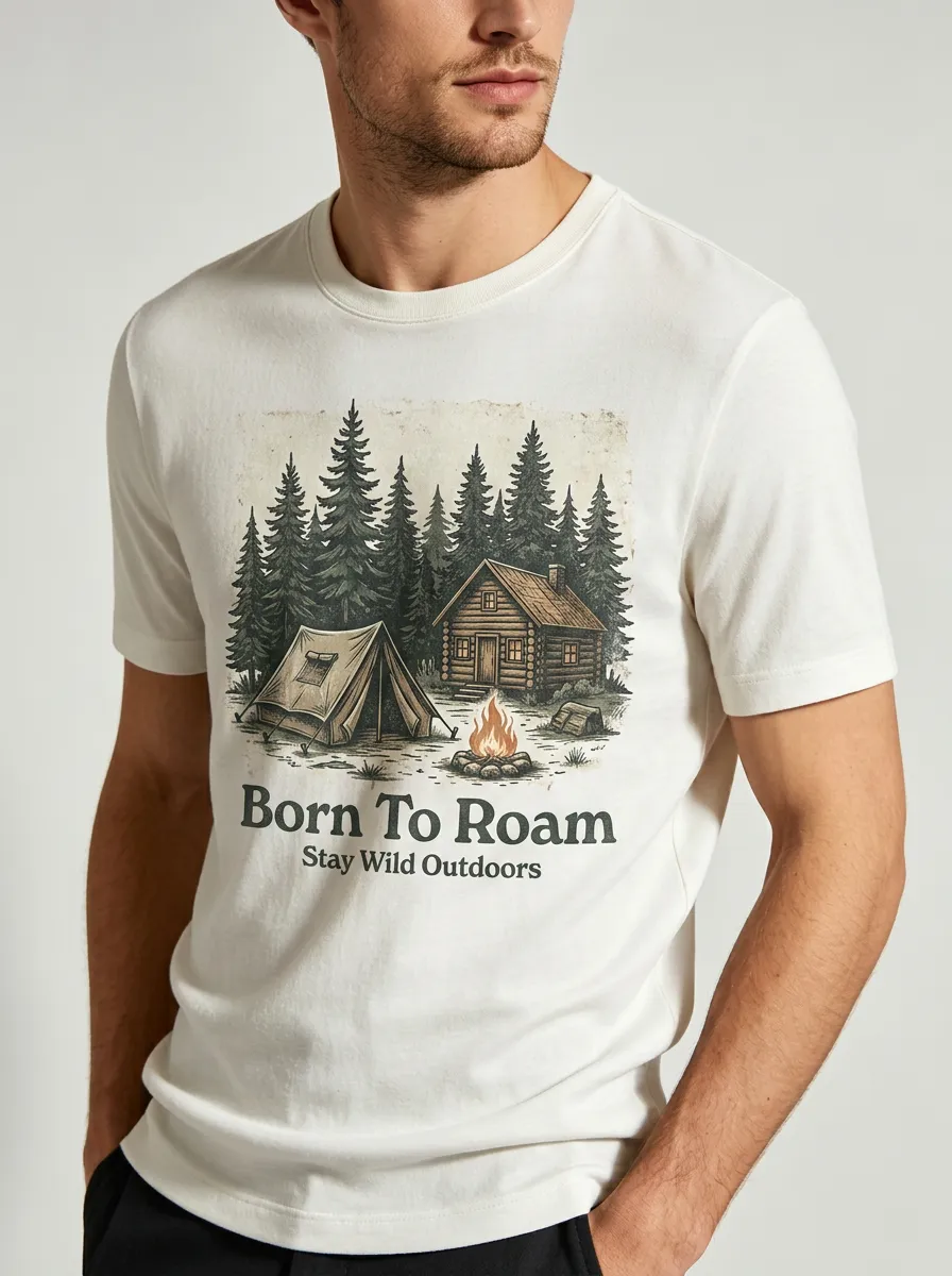 Men's Camping Lover Cabin Tent Born To Roam Printed T-shirt