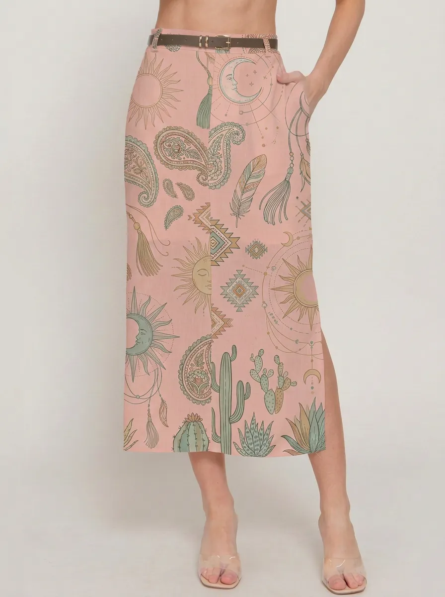 Women's Boho Celestial Cactus Paisley Printed Midi Skirt