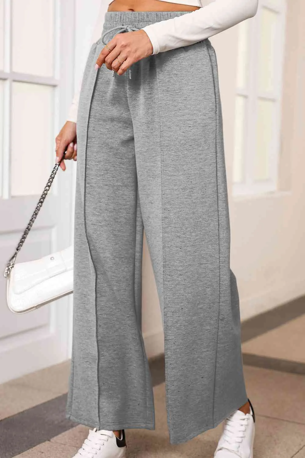 Polished Drawstring Wide Leg Pants With Pocket
