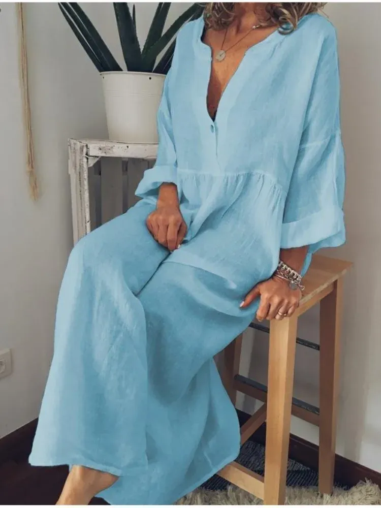 Linen Blend Cotton Blend Maxi Layered Look Dress