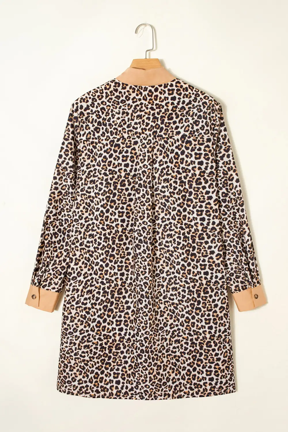 Button Striped Collar Leopard Print Long Sleeve Flared Dress