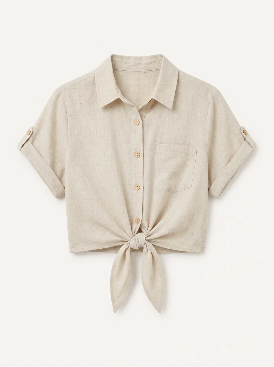 Women's Casual Beige Linen Blend Tie Front Button Down Top