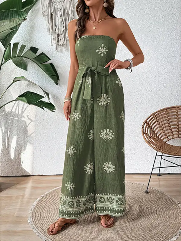 Strapless Snowflake Print Wide Leg Jumpsuit