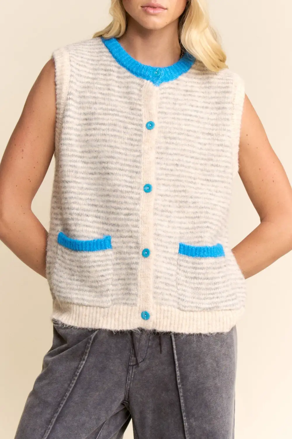 Striped Button Front Sleeveless Relaxed Sweater Vest