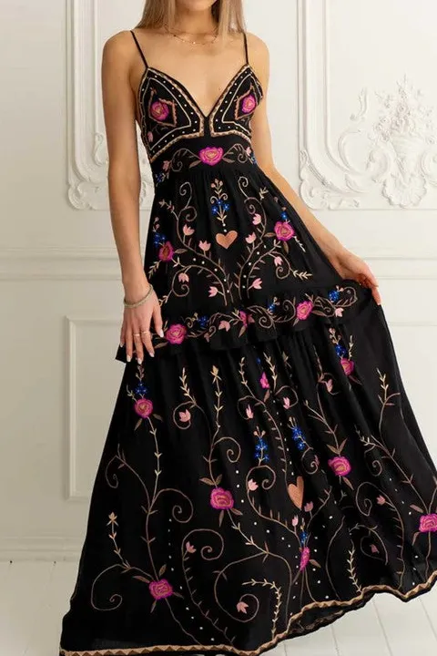 Women's Black Embroidered Floral Maxi Dress