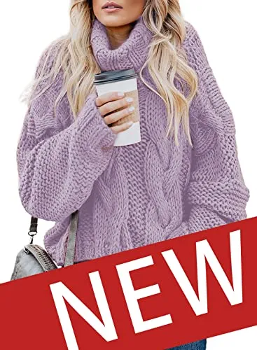 Womens Turtle Cowl Neck Solid Color Soft Comfy Cable Knit Pullover Sweaters S-2XL