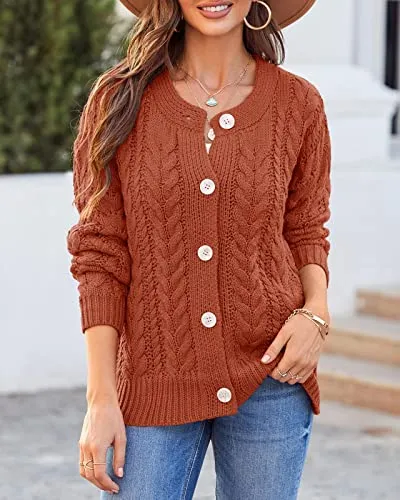 Women Loose Long Sleeve Crewneck Cable Knit Sweater Open Front Button Down Cardigan Soft Chunky Rid Outwear Coat