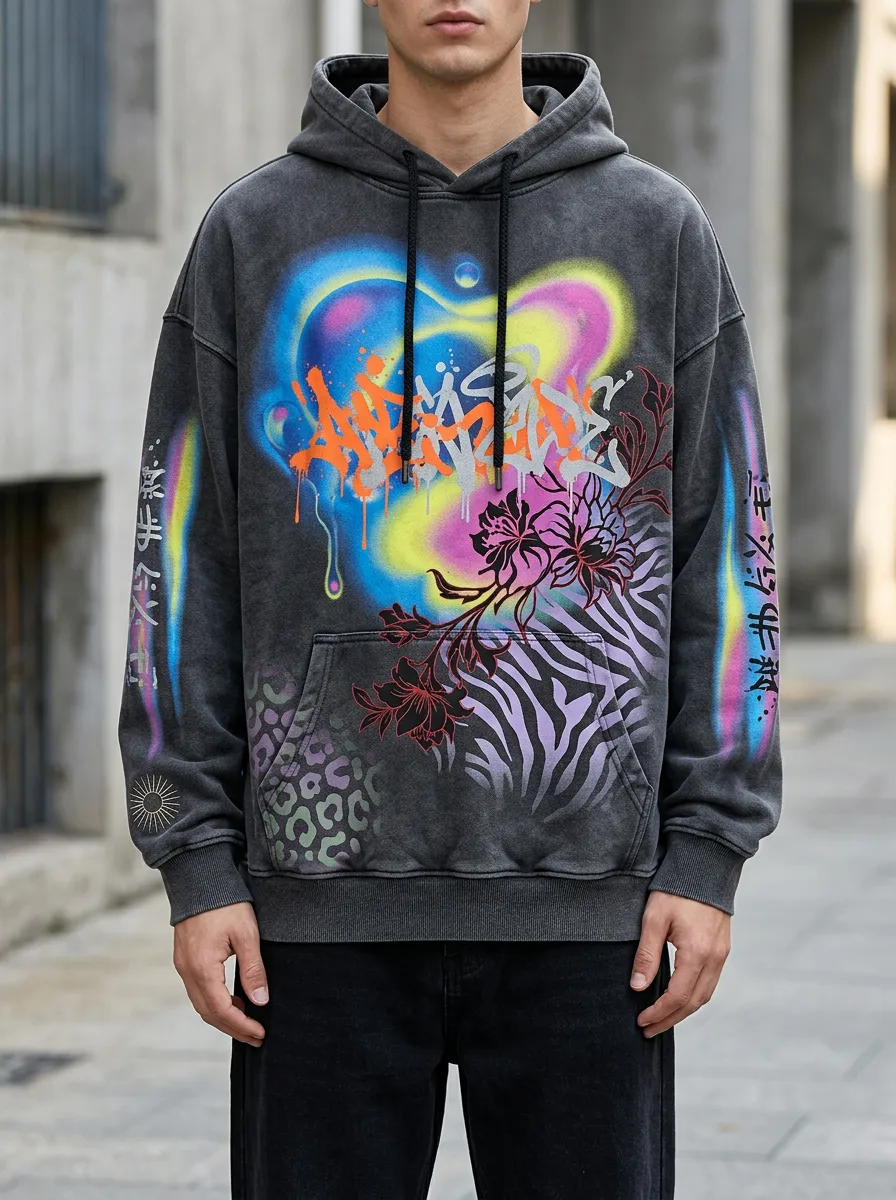 Unisex Streetwear Graffiti Floral Animal Print Washed Graphic Hoodie