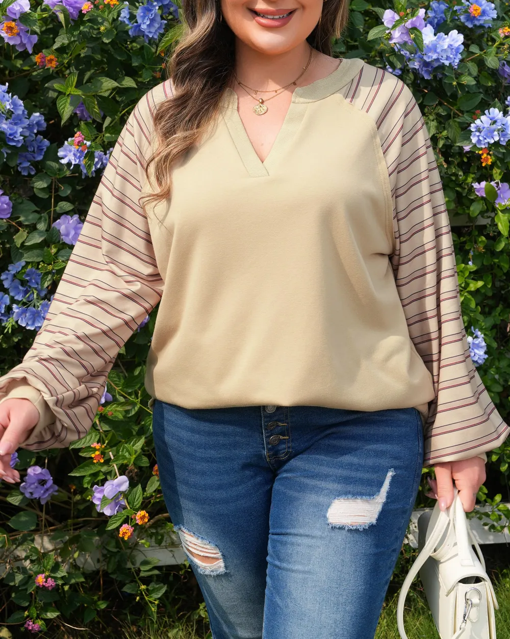 Women's Striped Notched Neck Raglan Sleeve Jumper