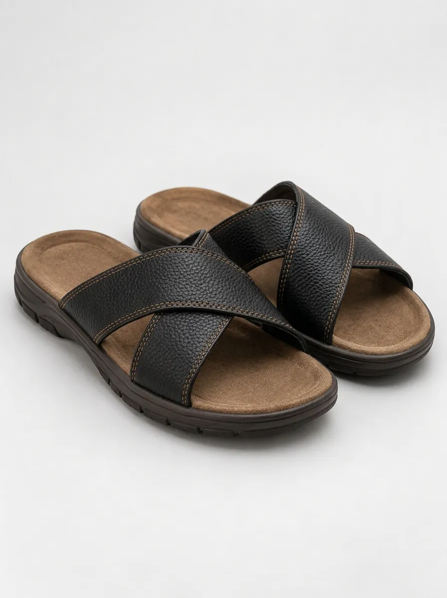 Men's Casual Slippers Cross Strap Faux Leather Graphic Detail