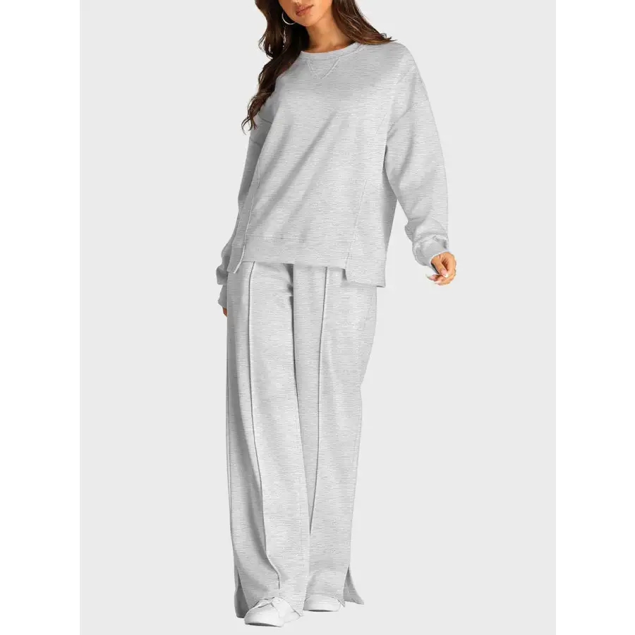 Round Neck Long Sleeve Top and Slit Pants Set