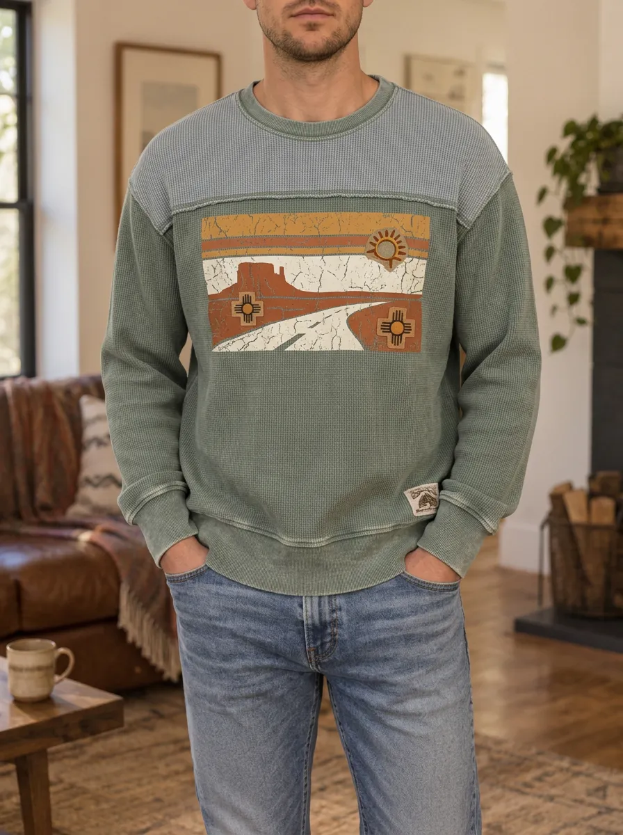 Men's Southwest Desert Landscape Printed Waffle Knit Sweatshirt
