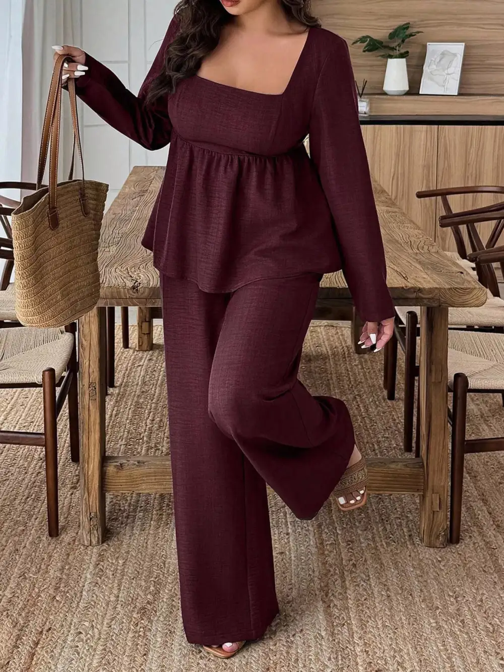 Plus Size Square Neck Long Sleeve Top and Pants