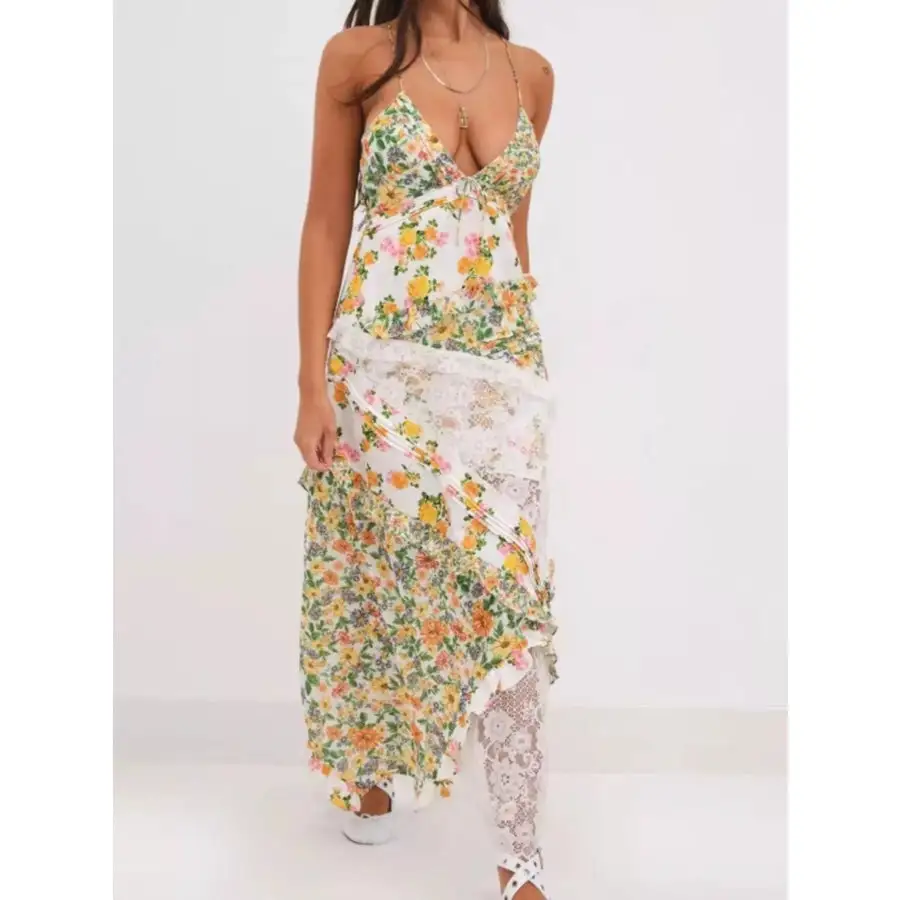 Lace Detail Ruffled Floral V Neck Maxi Dress